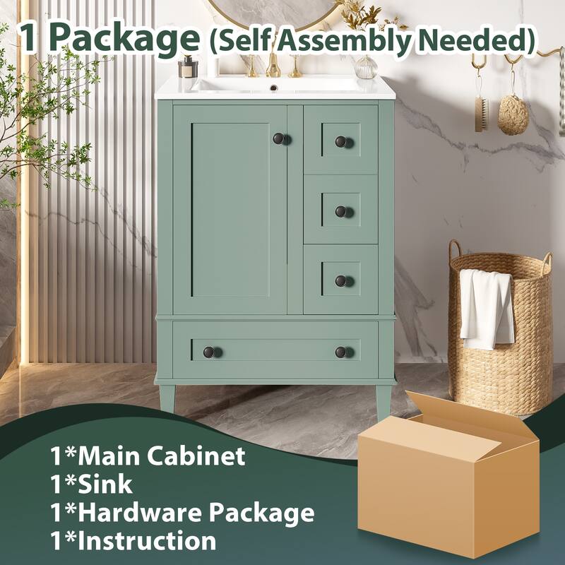 24 Inch Single Sink Bathroom Vanity, Integrated Ceramic Basin Bathroom Storage Cabinet