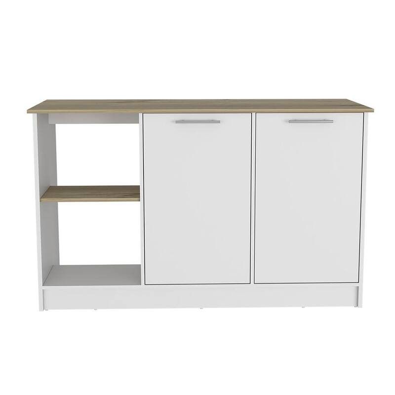 59-Inch Kitchen Island with Double Door Cabinets & Open Shelves, Light Oak/White Design