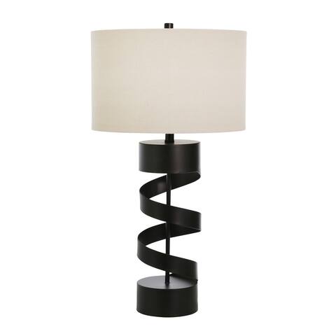 Metal Table Lamp with Spiral Design Body and Fabric Shade, Black