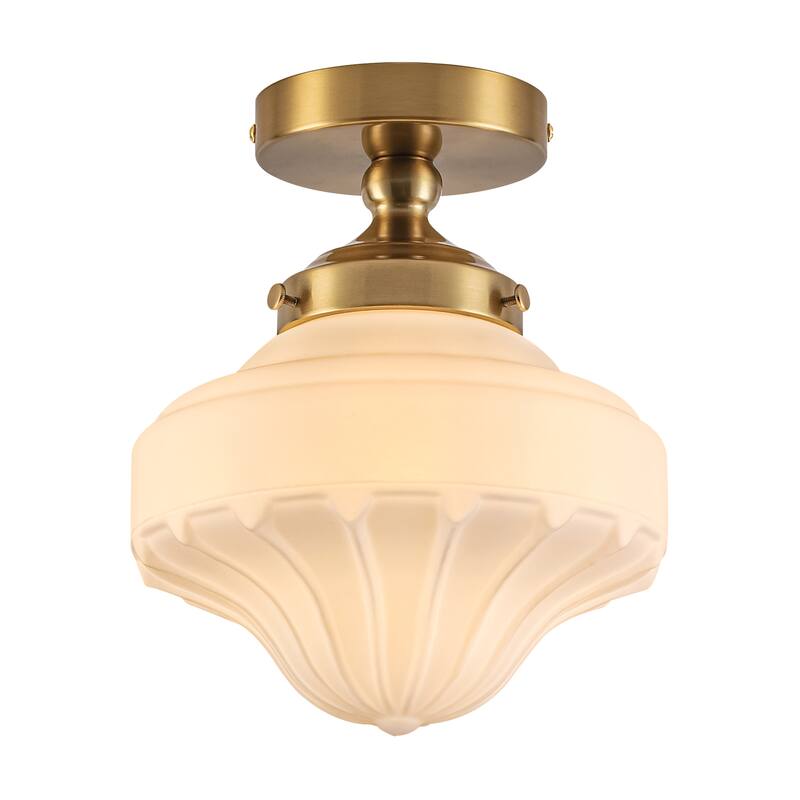 8.7 in. 1-Light Retro Black/Antique Gold Ice-Cream Shaped Semi-Flush Mount Ceiling Light with Opal Textured Glass Shade