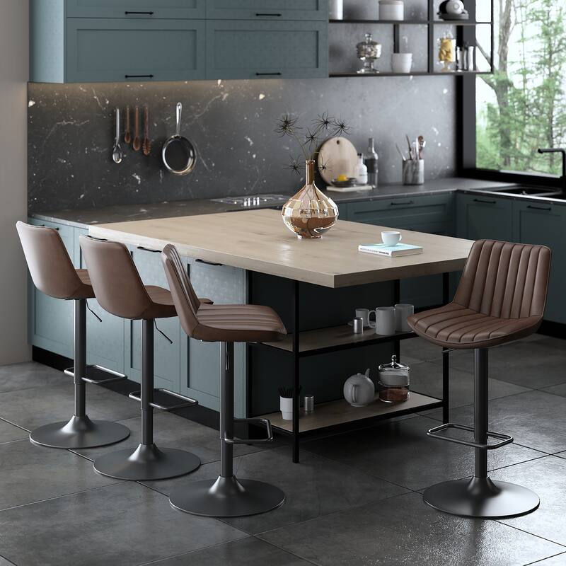 Contemporary Faux Leather & Metal Adjustable Air-Lift Stool, Set of 2