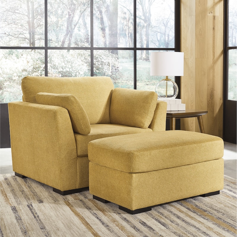 Roundhill Furniture Clareen 2-Piece Living Room Set, Cutler Chair and Ottoman - Yellow