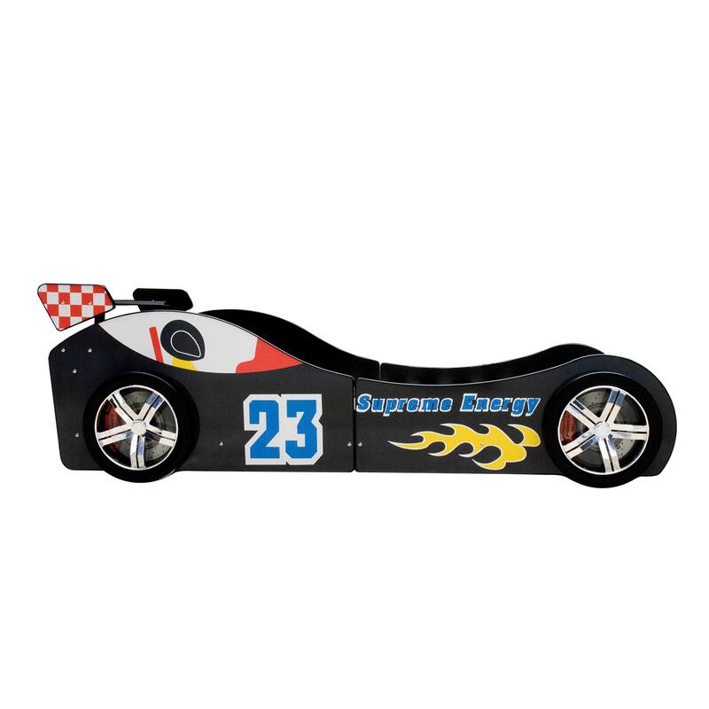 Twin Size Race Car Bed with LED Lights and Guardrail Solid MDF Frame