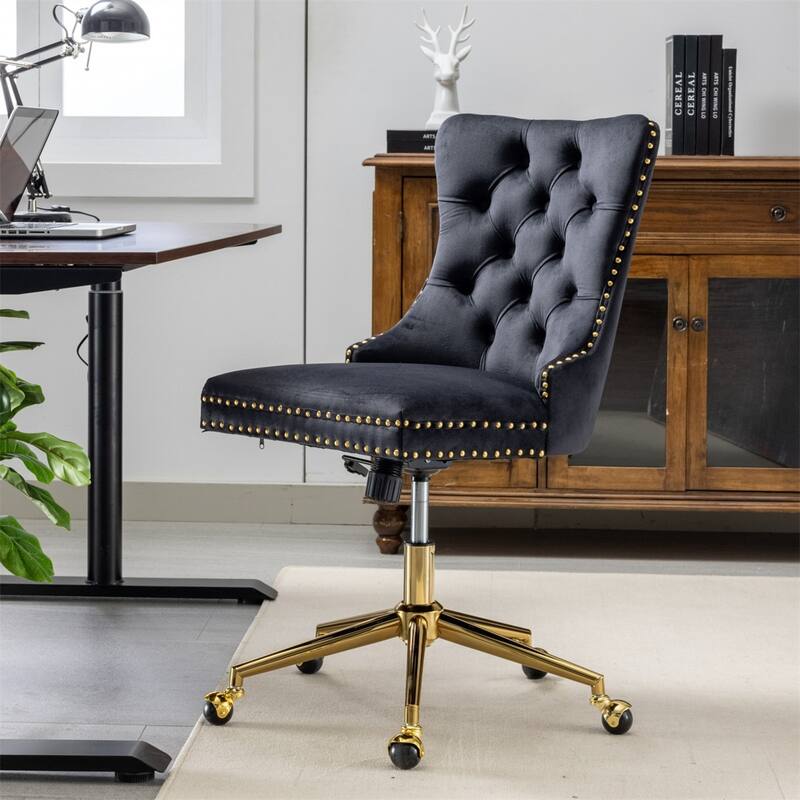 Velvet Home Swivel Adjustable Office Desk Chair with Golden Metal Base - Black