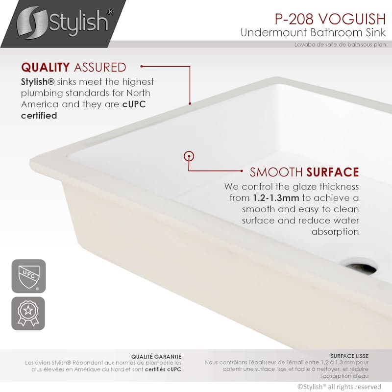 STYLISH 24.5 inches Rectangular Undermount Ceramic Bathroom Sink with 2 Overflow Finishes - 24.5 " x 16.5" x 6.5"