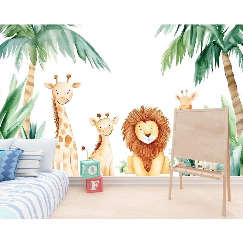 Jungle Nursery Wallpaper / Cartoon Safari Animal Wall Mural