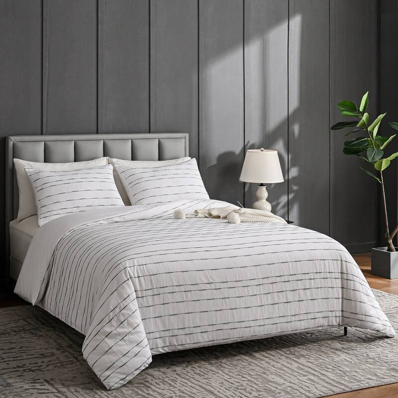WHOLINENS Washed Cotton Yarn Dyed Stripe Duvet Cover Set 3Pcs