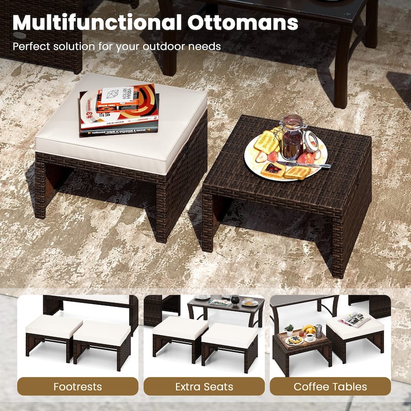 Set of 2 Outdoor Rattan Footstools Ottomans with Cushions for Patio Decor or Garden Seating - 16" L x 19" W x 9.5" H