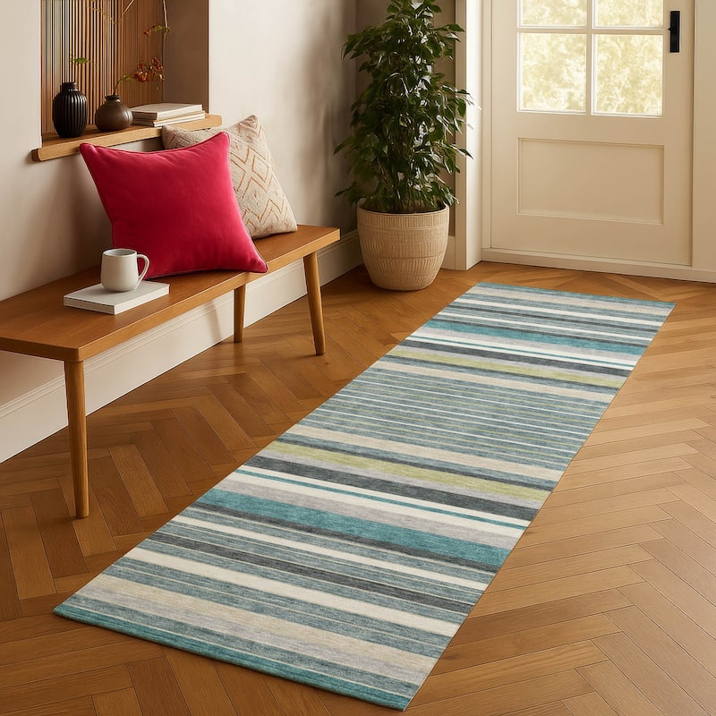 Machine Washable Indoor/ Outdoor Modern Stripes Chantille Rug
