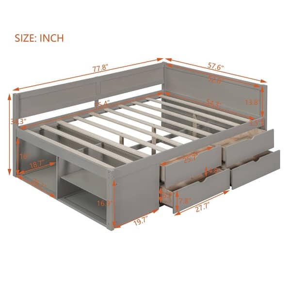 Twin/Full Size Daybed with 4 Storage Drawers and Shelves, Wooden 