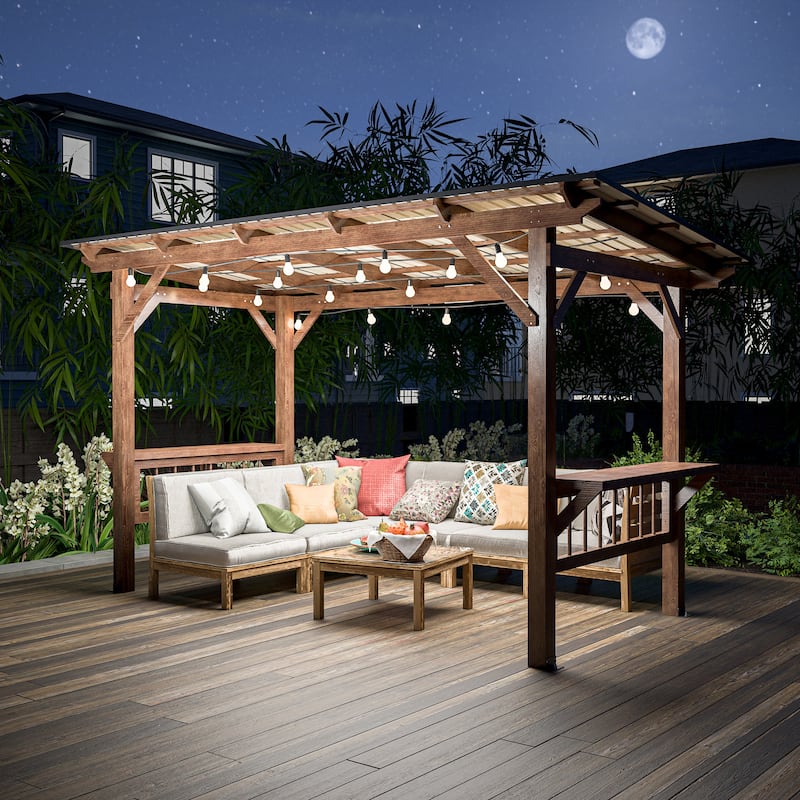 13' x 6.5' Wooden Pergola Grill Gazebo with Metal Roof