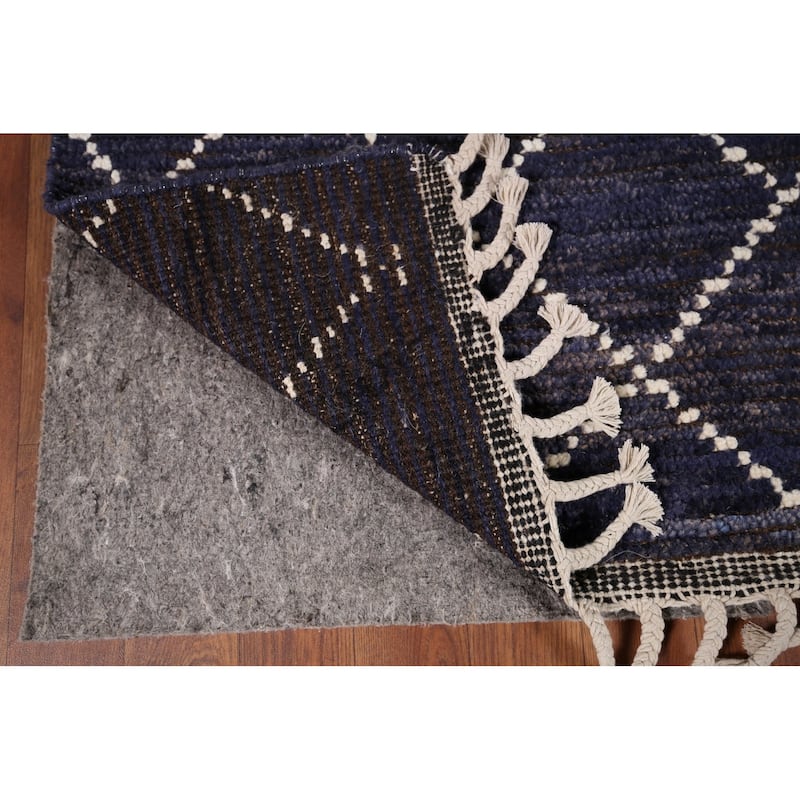Navy Blue Trellis Moroccan Area Rug Hand-Knotted Wool Carpet - 6'9"x 10'5"