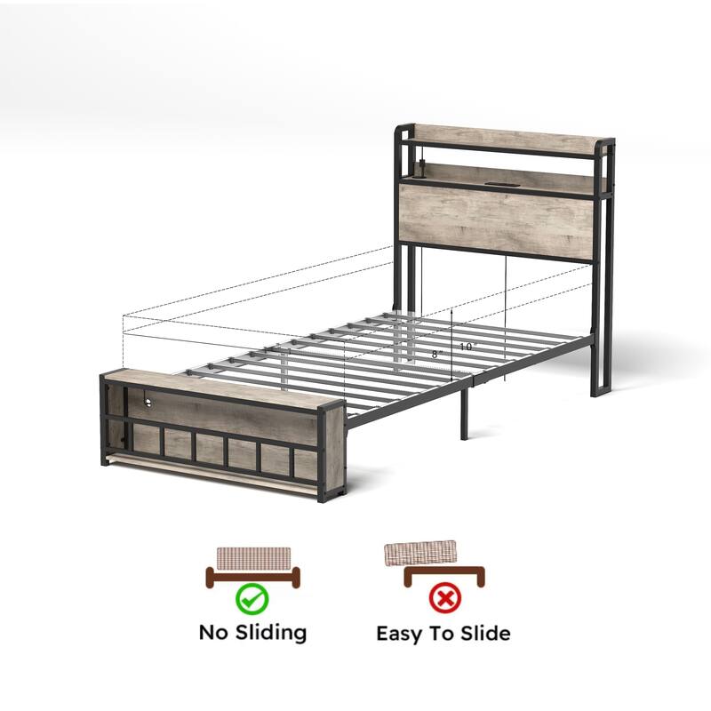 Twin Size Bed Frame with LED Headboard and Storage Shelves
