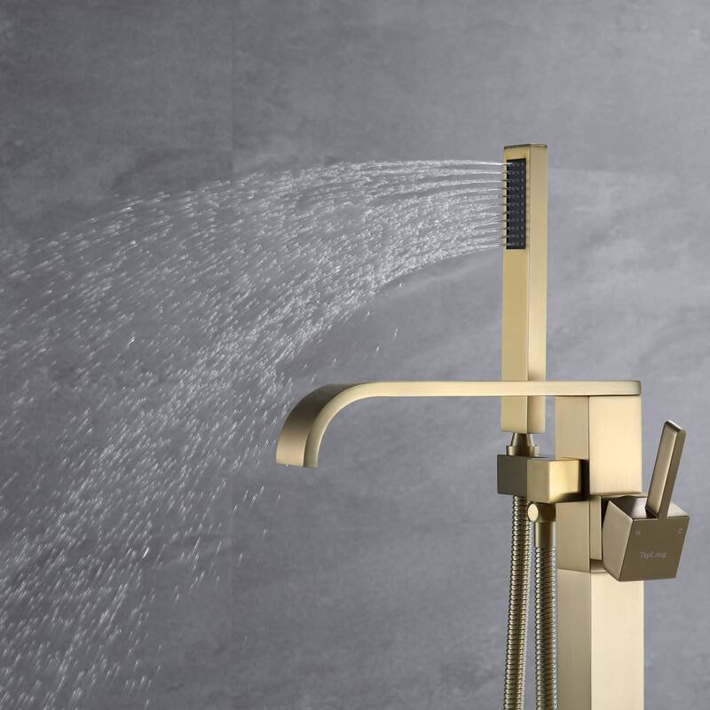 Floor Mount Waterfall Bathtub Faucet With Hand Shower, Single Handle Freestanding Bathroom Tub Filler Trim With Handheld