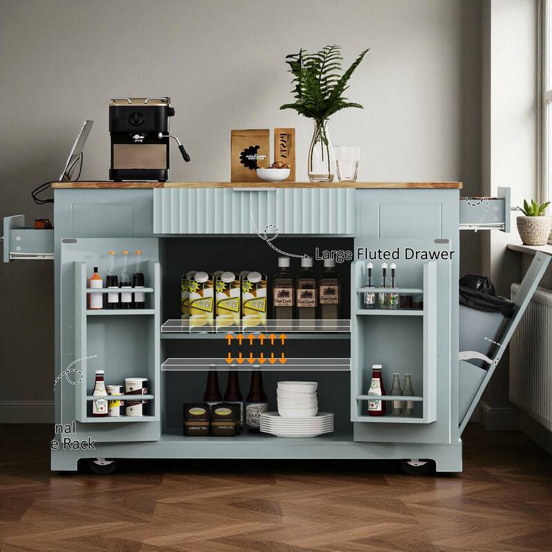 47" Fluted Kitchen Island with Trash Can Cabinet, Power Outlet, Rubber Wood Top, Rolling Storage Cart with Drawers & Side Racks