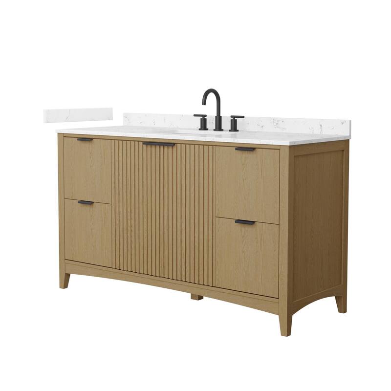 Wyndham Collection WCF9191-60S-VCA-US3MXX Palmilla 60" Free Standing - Natural Oak / Carrara Cultured Marble Top / Matte