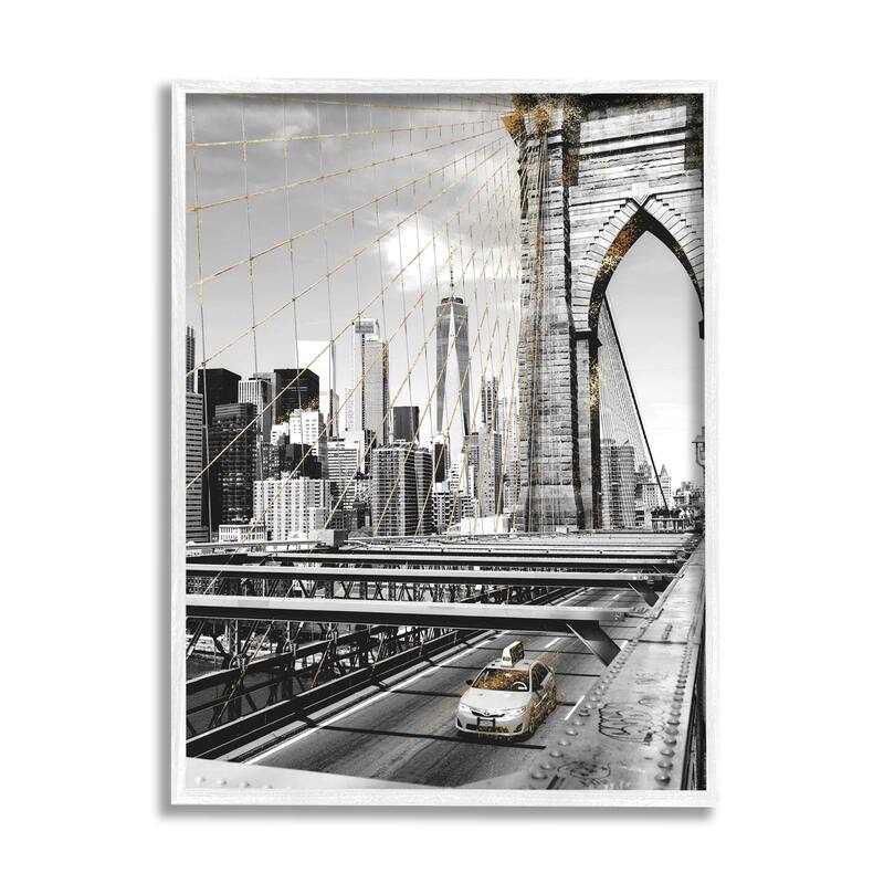 Stupell Brooklyn Bridge Urban City Architecture Taxi Driving Photography Framed Wall Art - Grey