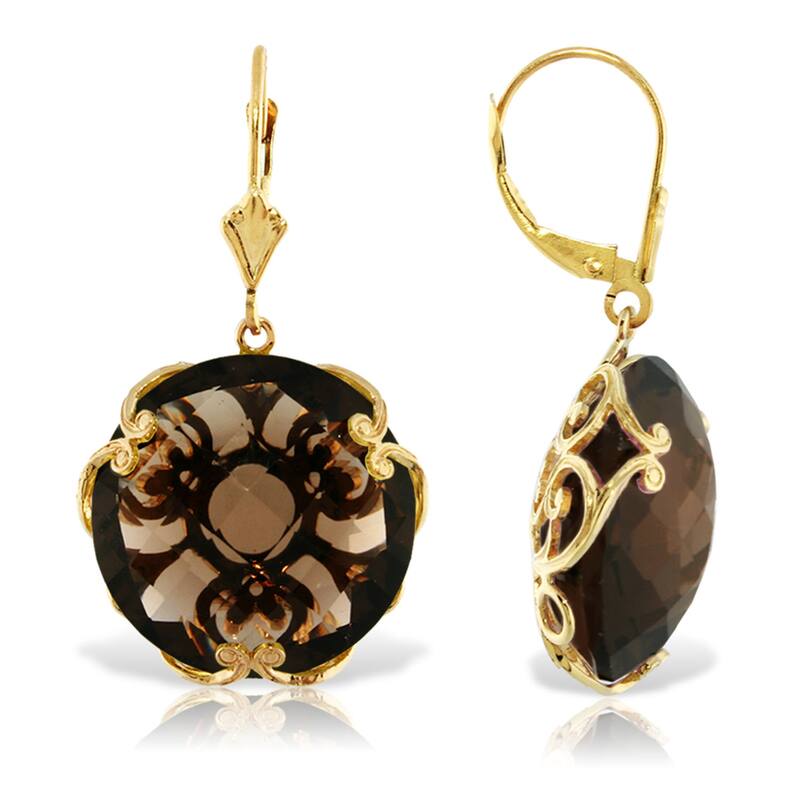 14K Solid Gold Leverback Gemstone Earrings Round Smoky Quartz Gemstone - Yellow
