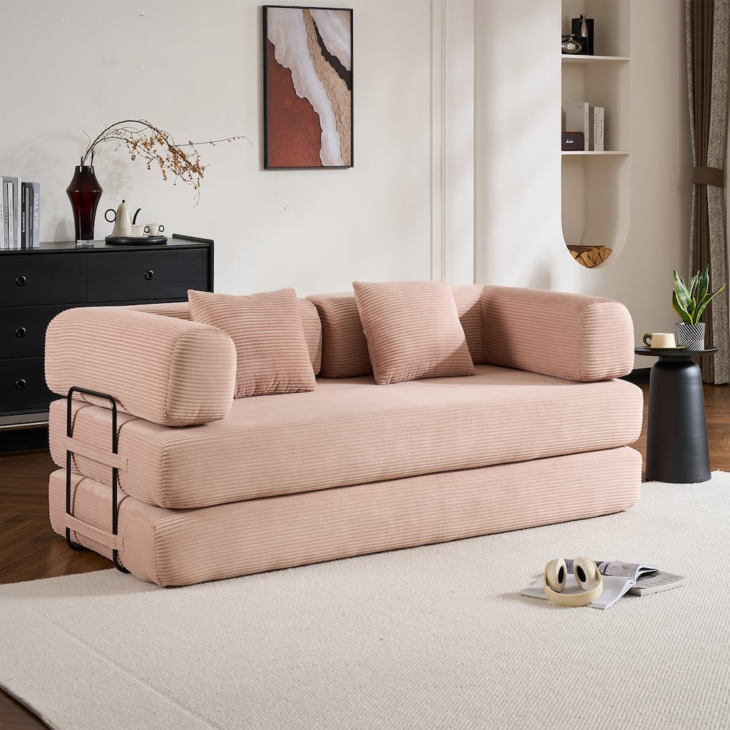 Convertible Sleeper Sofa Bed with Cylindrical Pillow, Corduroy Folding Mattress Couch with Fixed-Shape Frame