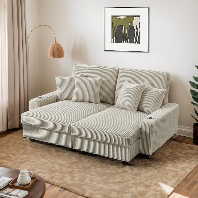 74'' Wide Upholstered Chaise Lounge Loveseat with Adjustable Backrest - Beige