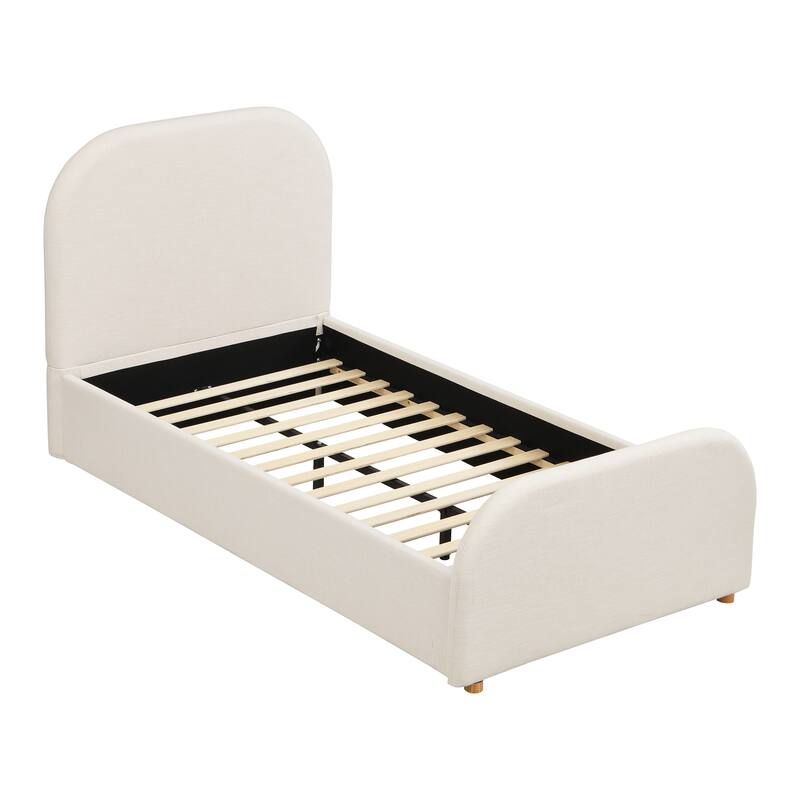 Twin Size Bed Frame with Linen Upholstered Headboard, Solid Wood Legs, Beige
