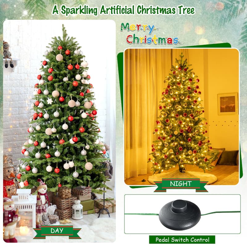 Gymax 6/7/8 ft Pre-Lit Christmas Tree Artificial Hinged Xmas Tree w/