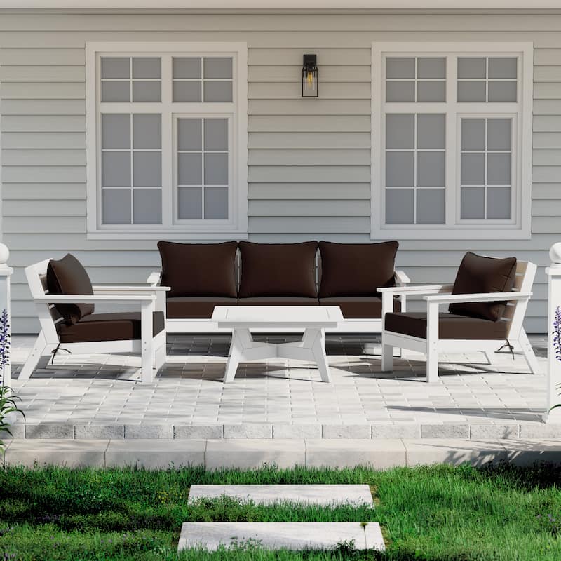 Birchwood All Weather HDPE Outdoor Patio White Deep Seating Conversation Set (6-Piece Set) - White/Brown