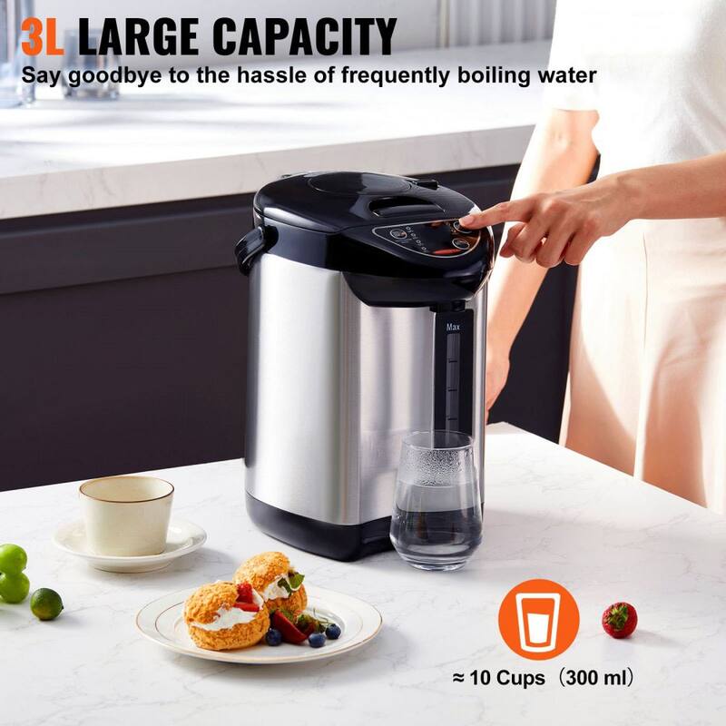 Black Countertop Hot Water Boiler 3L with Precision Temperature Control and 360° Rotating Base - Black, Silver