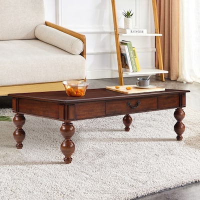 Rectangular 47" Wooden Coffee Table with Storage Drawer, Vintage Cocktail Table with Solid Wood Legs for Living Room Elegance