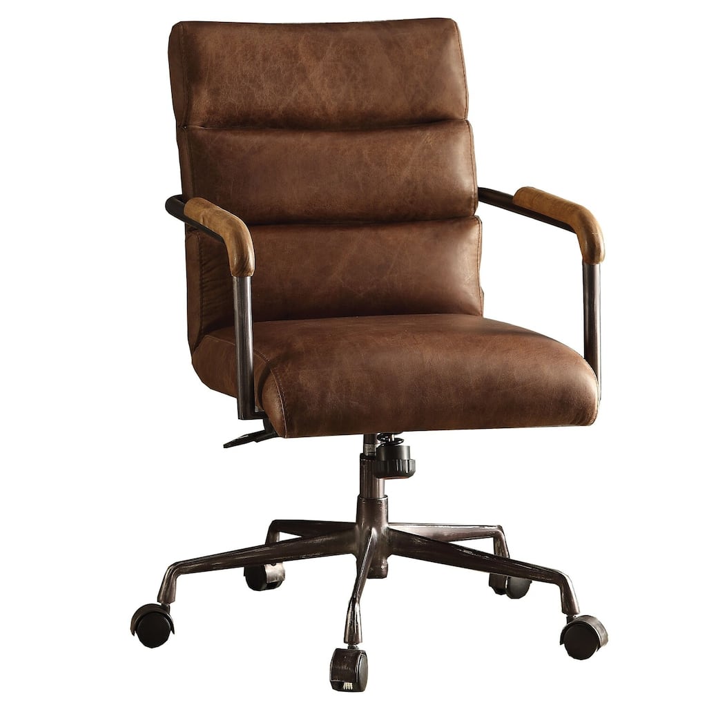 Antique Brown Leather Executive Office Chair with Padded Seat, Adjustable Height and Swivel Rolling Base