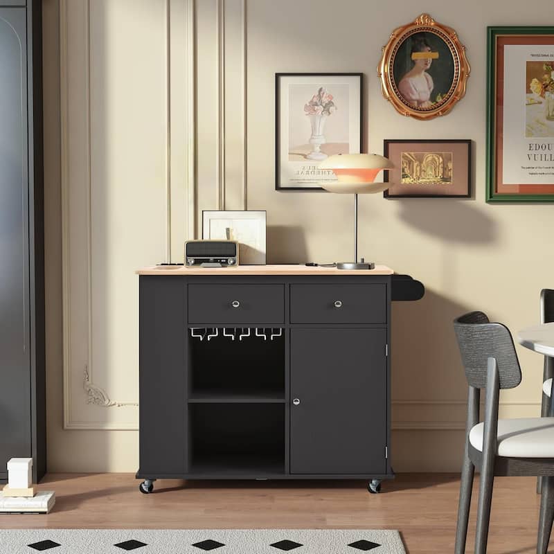 Roomfitters Kitchen Island with Power Outlet, Kitchen Storage Island with Drop Leaf and Rubber Wood, 5 Wheels