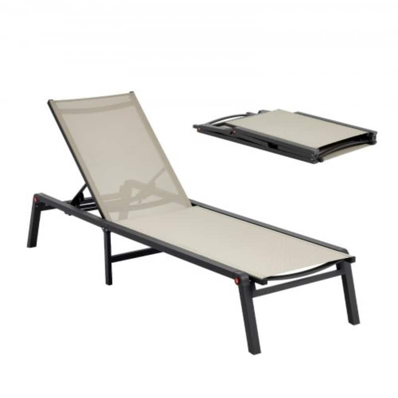 Grey and Black Outdoor Folding Chaise Lounge Chair with Adjustable Backrest and Aluminum Frame - 43.7” x 23.43” x 4.13” - 1-Piece