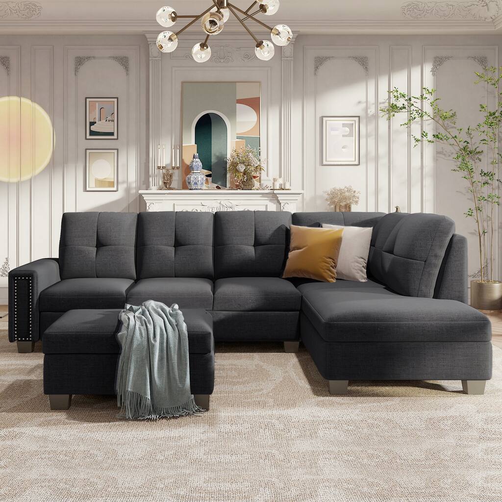 Grey 105.2" Reversible L-Shaped 6-Seater Sofa with Cup Holders