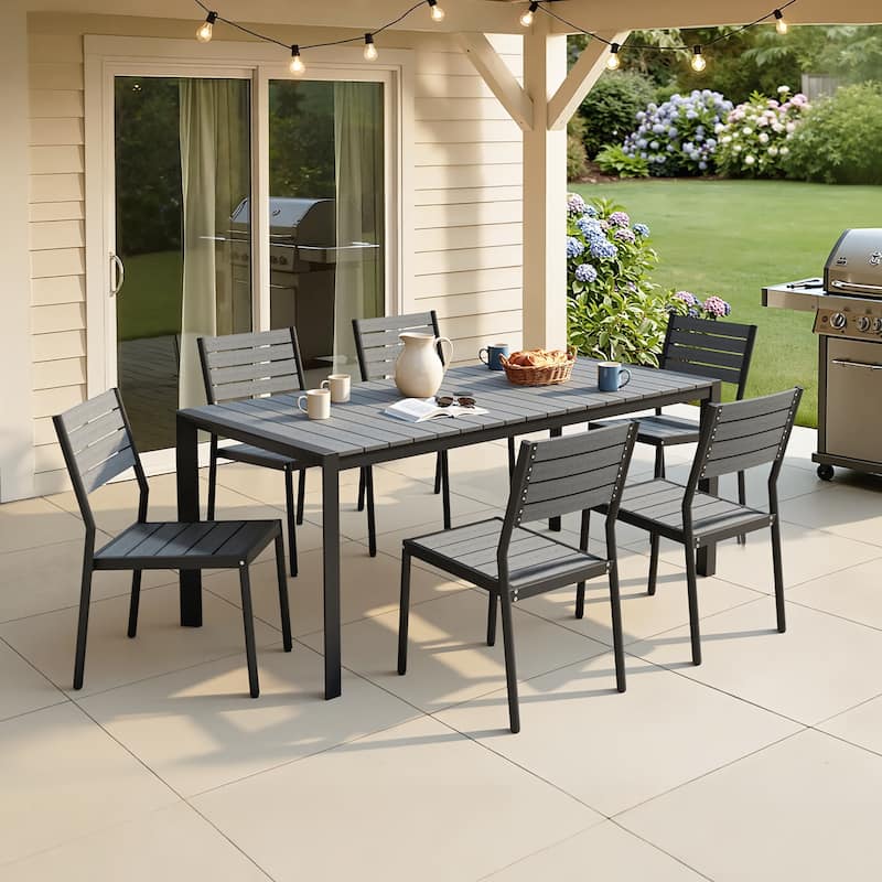 7/9/11-Piece Outdoor Patio Dining Set Aluminum Dining Table with Umbrella Hole and Stackable Dining Chairs - Grey - Set of 7