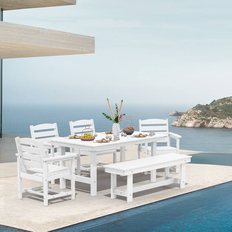 6-Piece HDPE Outdoor Dining Table Sets with Umbrella Hole - 1-Table 4-Chairs-1-Bench