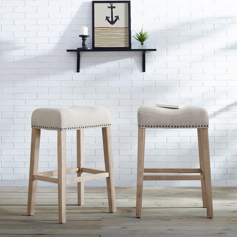 Upholstered Backless Saddle Seat Bar Stools in Tan (Set of 2)