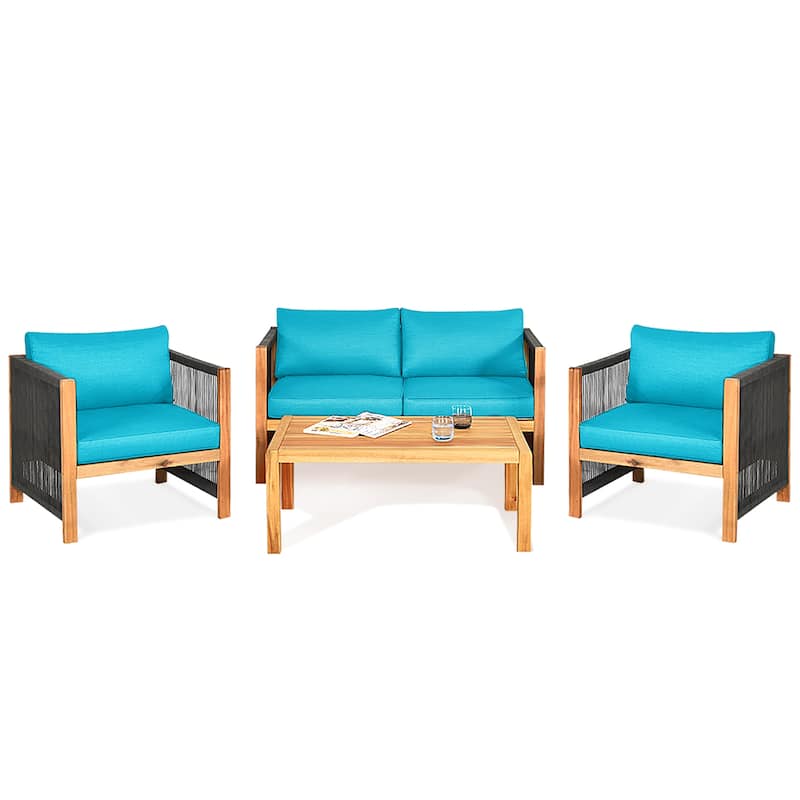 Costway 8PCS Wooden Patio Furniture Set Cushioned Sofa W/Rope Armrest