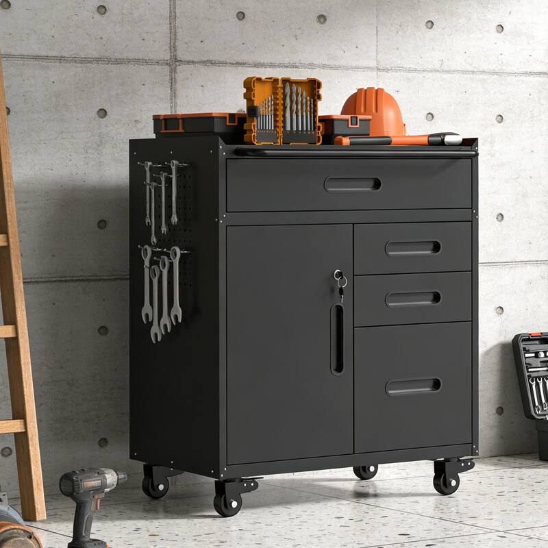 34.3" Mobile Tool Storage Cabinet - Garage Organizer with Lockable Compartment & 4 Drawers, Rolling Steel Chest