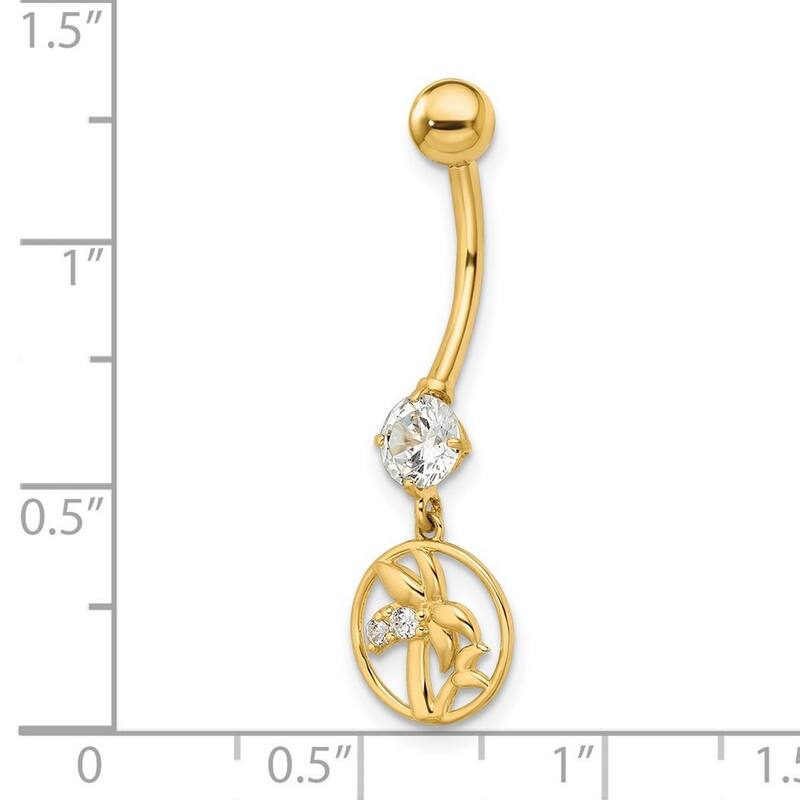 Curata 14k Yellow Gold 14g CZ Dangle Palm Trees Belly Button Navel Ring Piercing