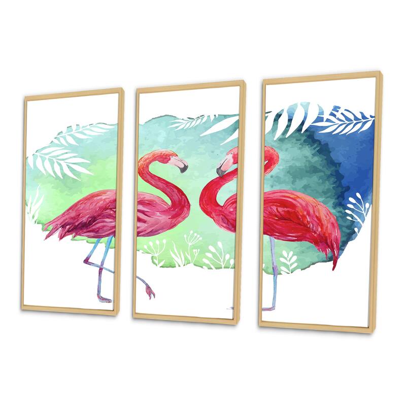 Designart "Two Pink Flamingos On Blue" Traditional Framed Canvas Wall Art Set of 3 4 Colors of