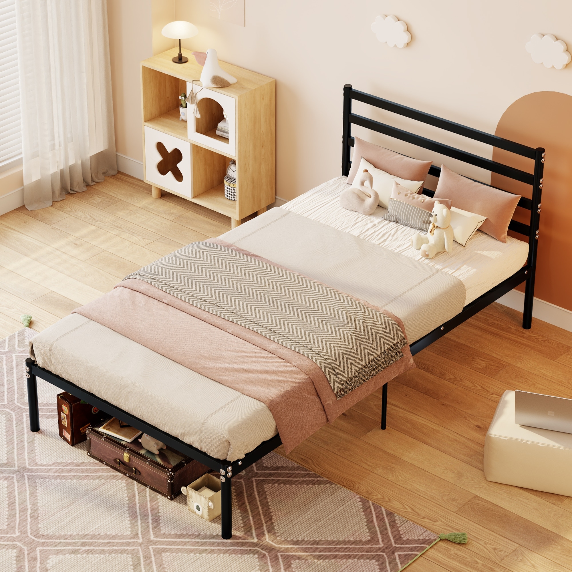 Black Twin Size Platform Bed Frame with Metal Frame for Bedroom