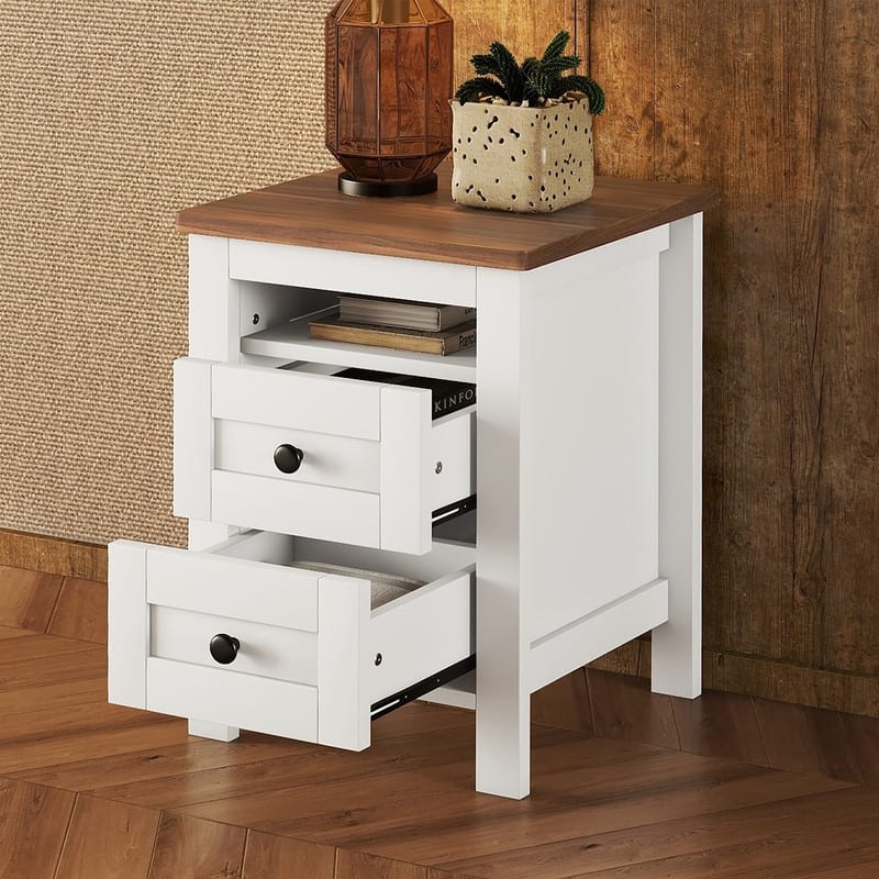 Farmhouse Style Wood Nightstand with 2 Drawers and Open Shelves,Side Table for Living Room and Bedroom - White
