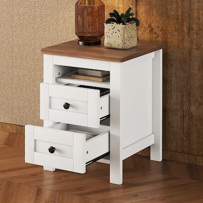Farmhouse Style Wood Nightstand with 2 Drawers and Open Shelves,Side Table for Living Room and Bedroom