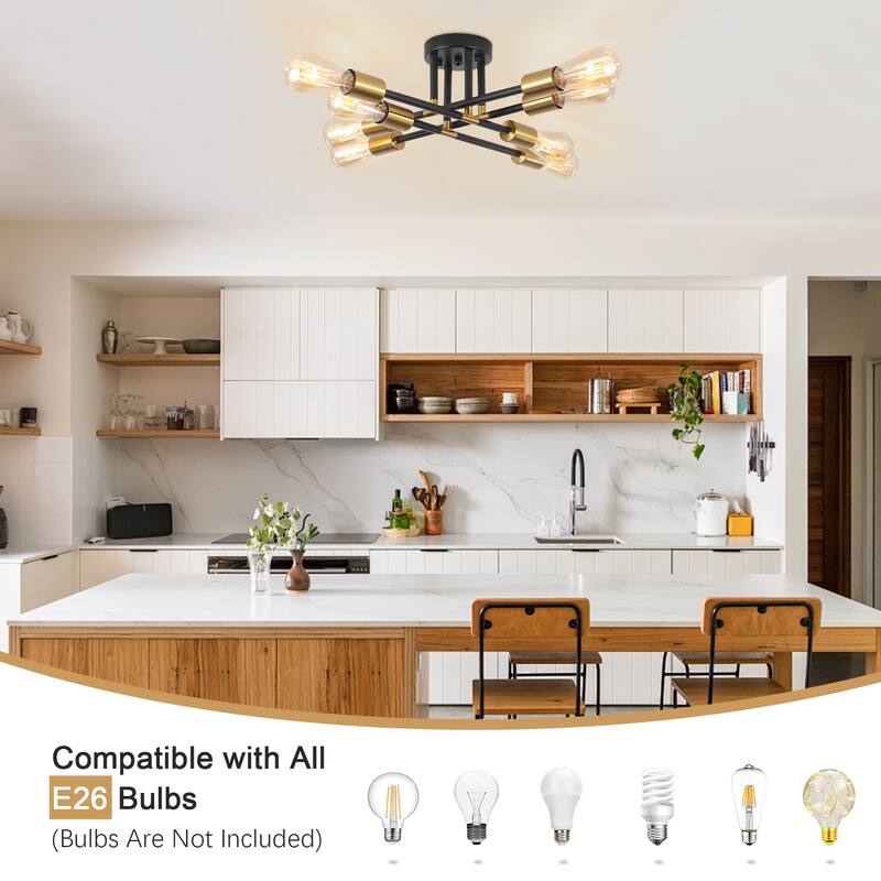8-Light Industrial Semi Flush Mount Ceiling Light for Kitchen Dining Room Living Room - Black+Gold - N/A
