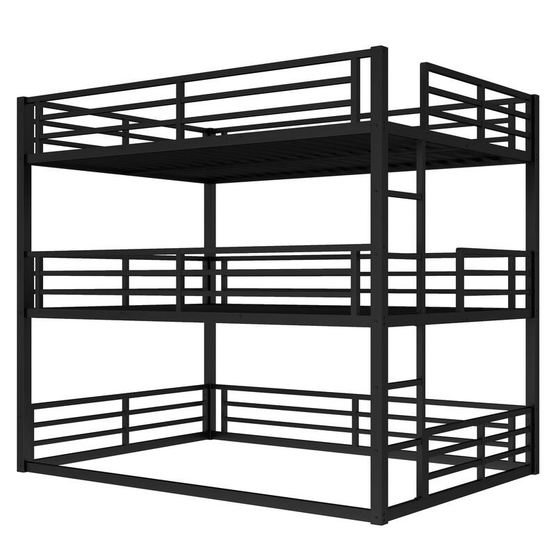 Metal Triple Bunk Bed with Safety Guardrails, Queen over Queen over Queen, Space-Saving Design, Noise-Reduced, Black