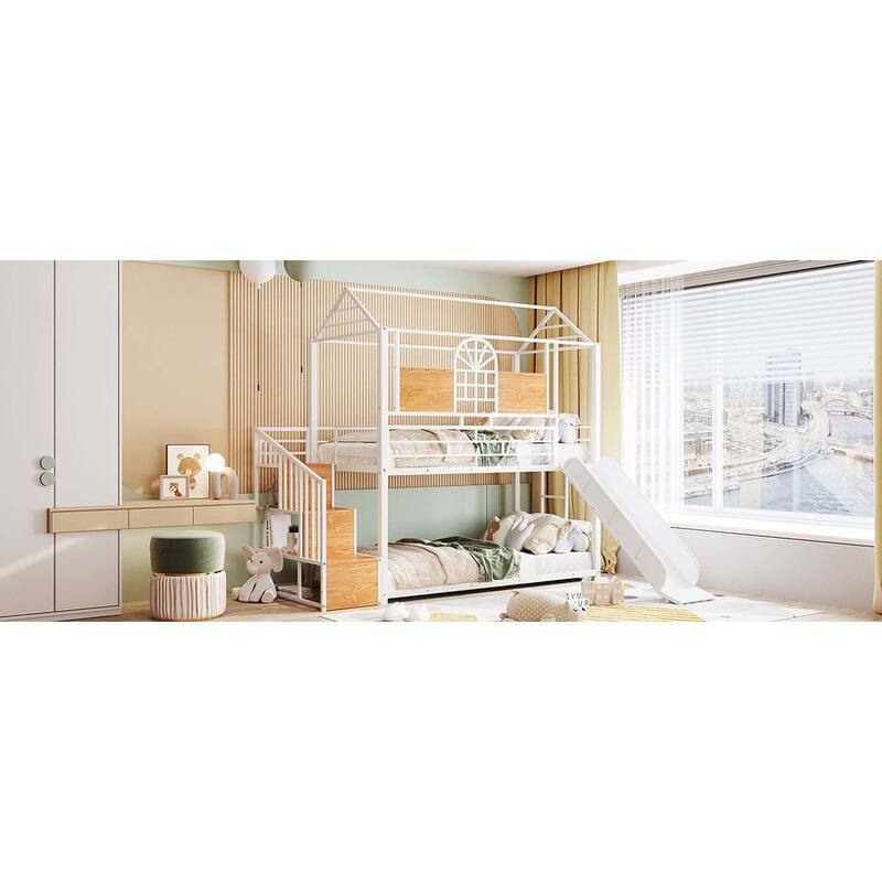 Metal Housebed Bunk Bed with Slide & Storage Stair
