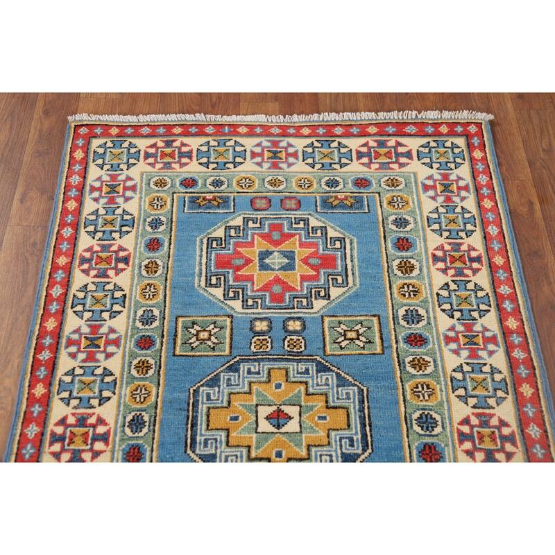 Blue Kazak Runner Rug Hand-Knotted Wool Carpet - 2'9" x 9'3"
