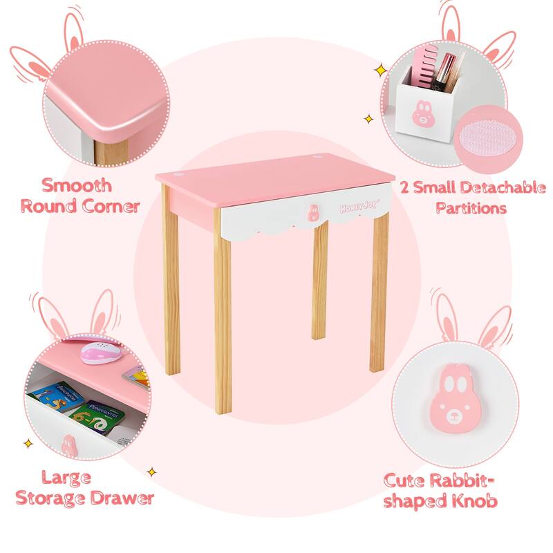 Costway Kids Vanity Set Rabbit Makeup Dressing Table Chair Set W/ - See Details