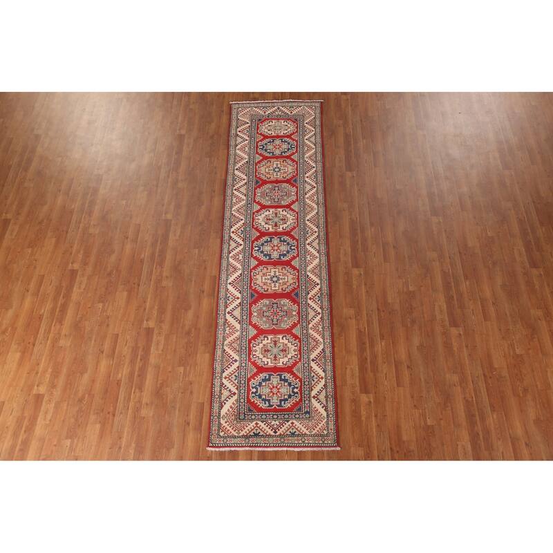 Geometric Red Kazak Runner Rug Handmade Oriental Wool Carpet - 2'9" x 10'8"
