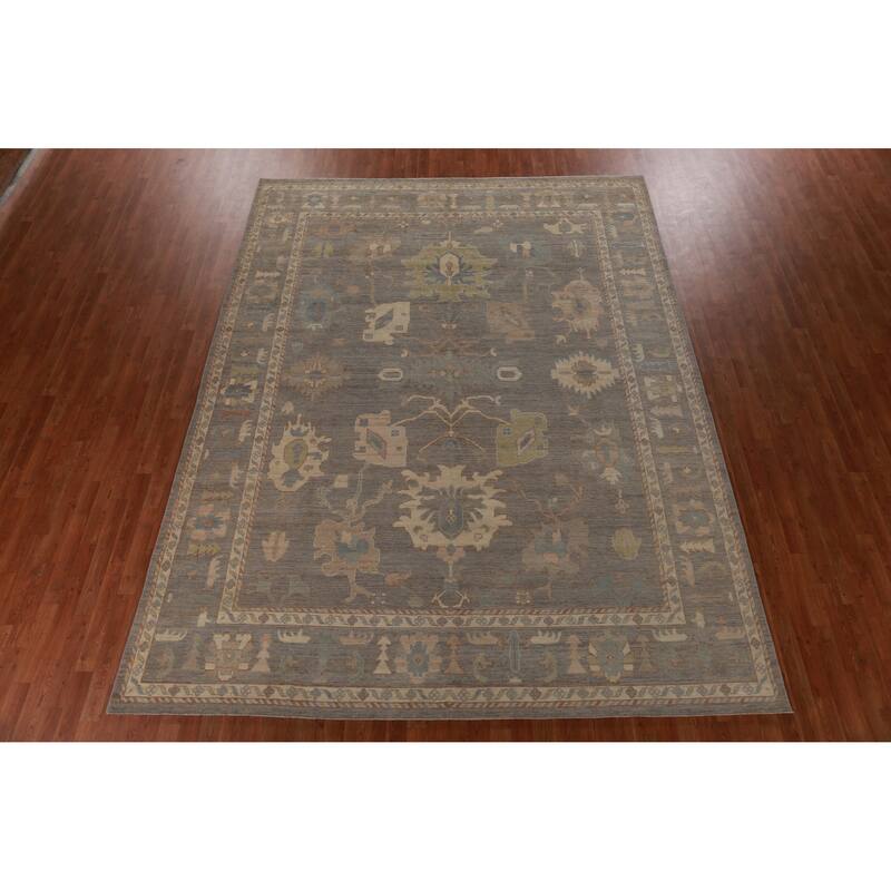 Hand Knotted Oriental 100% Wool Carpet Transitional All-Over Greys & Charcoal Oushak Area Rug - 12' 0'' X 9' 1''